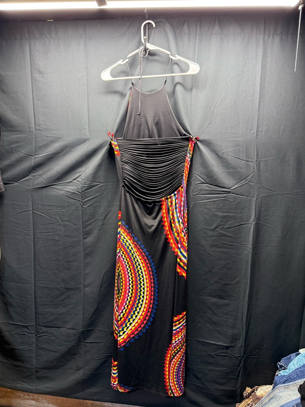 EUC Black Halter Boho Maxi Dress w/Vibrant Multicolor Circular Motifs Sz L (C1H) - Picture 3 of 6